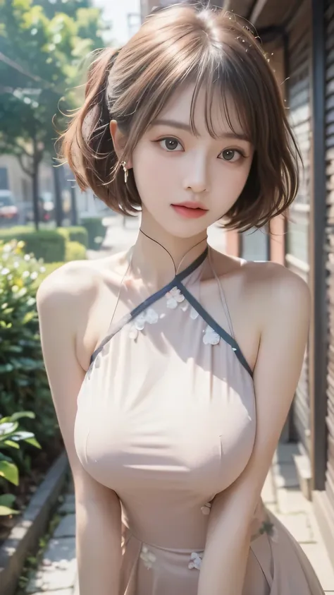 (masterpiece, top quality, best quality)、photoreality、Ultra High Definition、girls, Chinese dress、Stylish、summer, living、Sunshine, high resolution, Super Detailed、(Blush、Staring fascinatingly )、(big breasts、 cleft)、((Messy Hairstyle))、(perfect anatomy)、(Det...