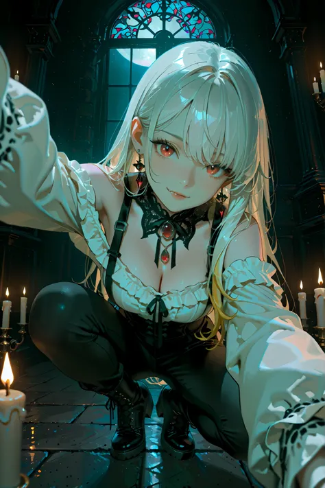 A stunning, elegant vampire woman captured from a POV perspective through a smartphone screen (as if the viewer is the iPhone she’s using to take a selfie). The fisheye lens effect creates subtle curvature, exaggerating the dramatic composition and drawing...