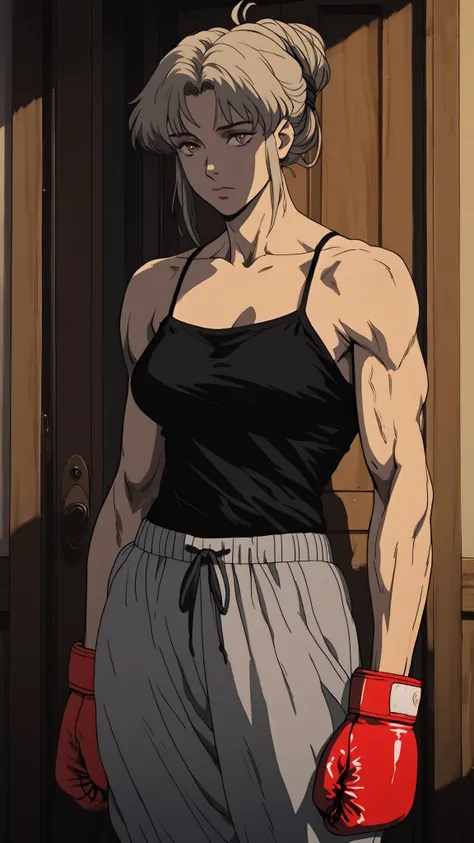 “Anime-inspired semi-realistic artwork of a muscular woman seen from behind. She wears a black spaghetti strap tank top and loose light blue sweatpants and red boxing gloves. Her hair is tied in a neat bun. The setting is a gritty, lived-in room with crack...