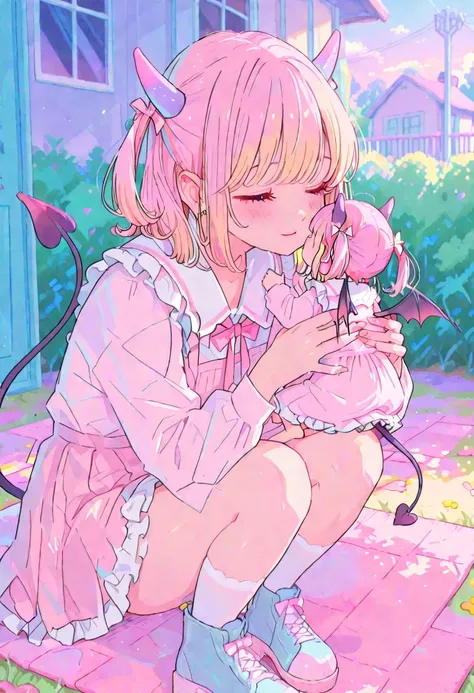 adult succubus, nursery teacher, Playing outside with small children,
Nursery school, sunny, children playing around,
masterpiece, pastel colors, 