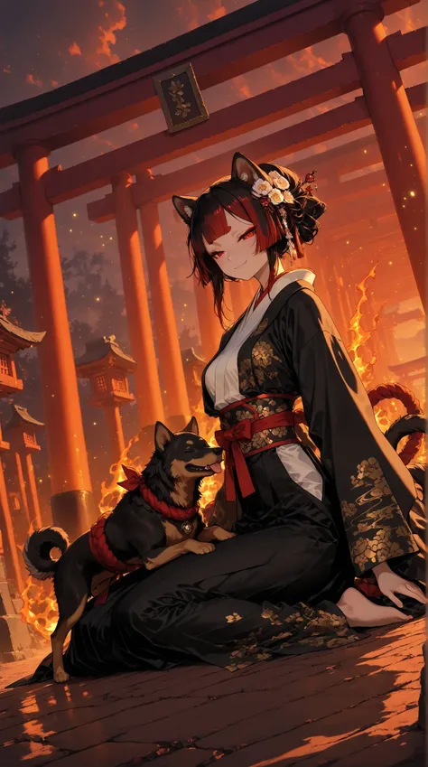 1girl , solo , Guardian lion dog girl , Personification of the Guardian Beast , A character with dog ears and tail is engulfed in pale flames , narrowed her eyes, Cold Eyes, eyes closed and cornered, Tsurime, short eyebrows , A slight smile , long bangs , ...