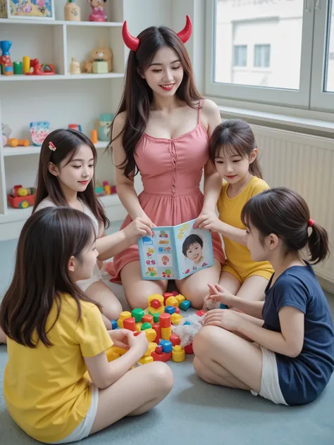 A female daycare worker wearing red horn-like hair ornaments and a pink dress plays with a group of five young children aged 2-3 years old inside a well-lit daycare center. The room features colorful toys scattered on a light blue carpet, including buildin...