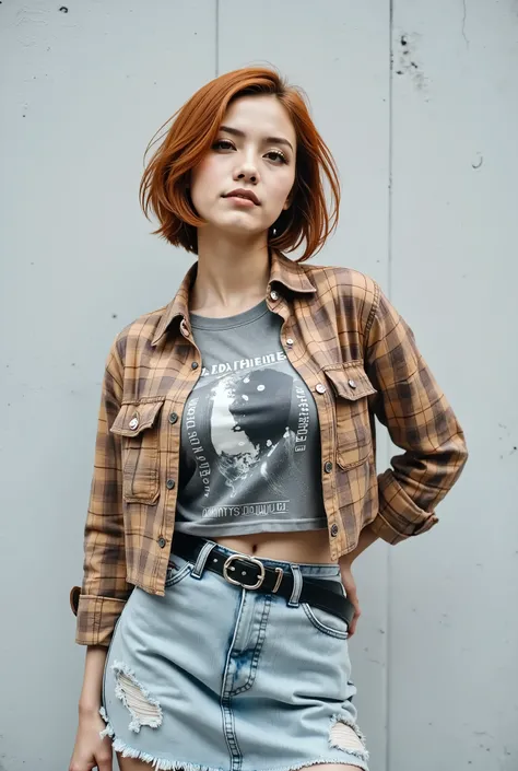 A young woman with short,real ginger woman, vibrant red hair stands at a slight angle, tilting her head and looking up at the viewer. She wears a cropped, brown and beige checked button-down shirt over a gray graphic-print T-shirt. The shirt is paired with...