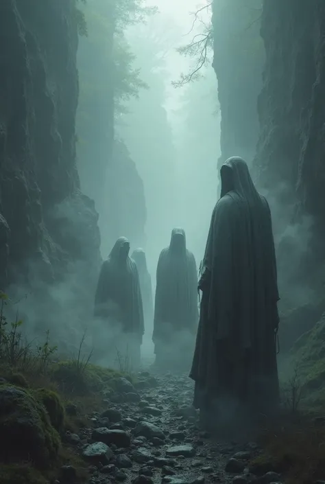 Breathtaking scene from the Valley of Oblivion, where light gradually fades and faceless figures emerge from the gloom, , their gray cloaks fluttering like solidified fog, as they mutter distorted names in a spectral cacophony