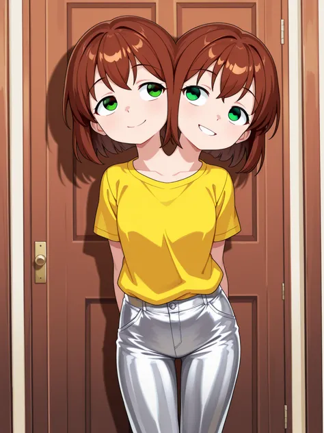 conjoined, anime girl with two heads, smiling, narrow eyes, hands behind back, brown hair, green eyes, yellow t-shirt, silver pants, standing outside your front door