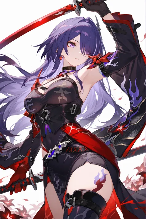 ultra-detailed,(best quality),((masterpiece)),(highres),original,extremely, beautiful woman, Acheron, honkai  star rail, a mysterious female swordswoman with long purple hair, wearing a black and purple battle dress with red accents, high slit, sheer sleev...