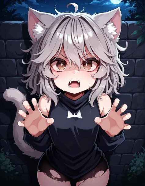 y4s1d1p,, 1girl, petite, (skinny and frail:0.7), cat girl, against wall, stone wall, brown eyes,looking at viewer, grey hair, medium hair, messy hair, angry, (scared:0.4), (open mouth:0.5), fangs, hands up, (tearing up:0.5), tail raised, torn clothes, stra...
