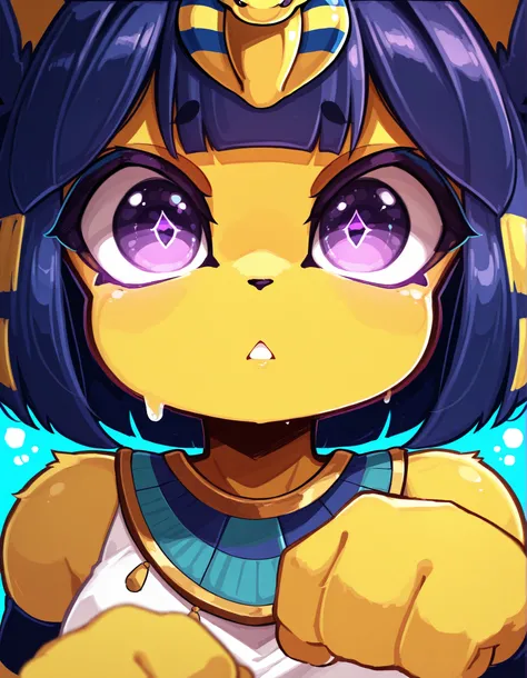 y4s1d1p,, depth of field, 1girl, furry, ankha \(animal crossing\), expressionless, eye reflection, yellow background, yellow theme, blue background, desert,, purple eyes, glowing eyes, wide-eyed, paw pose, looking at viewer, close-up, parted lips,