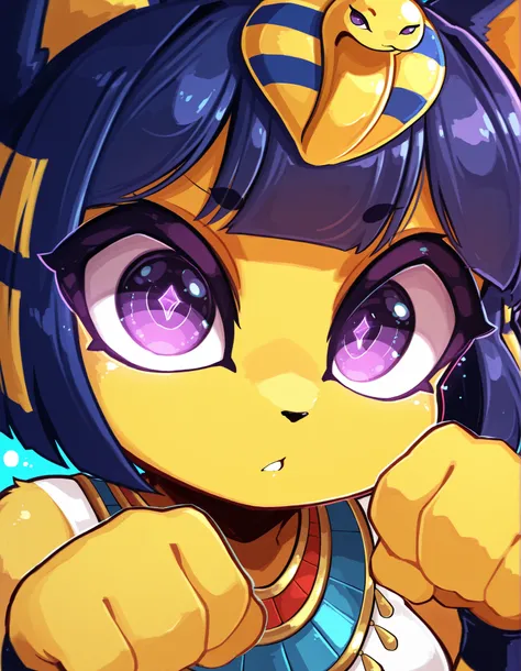 y4s1d1p,, depth of field, 1girl, furry, ankha \(animal crossing\), expressionless, eye reflection, yellow background, yellow theme, blue background, desert,, purple eyes, glowing eyes, wide-eyed, paw pose, looking at viewer, close-up, parted lips,