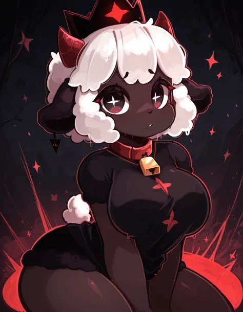 y4s1d1p,, masterpiece, best quality, very aesthetic, 1girl, solo, cult of the lamb, sheep girl, collar, horizontal pupils, red/black eyes, red crown,