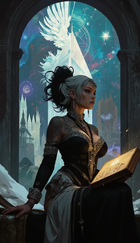 Surreal Painting, An extravagant, mysterious female figure dressed in intricately embroidered black and white finely cut seductive attire that hides nothing about her perfectly made voluptuos and statuesque form that recalls tales of Helen of Troy or Pers...