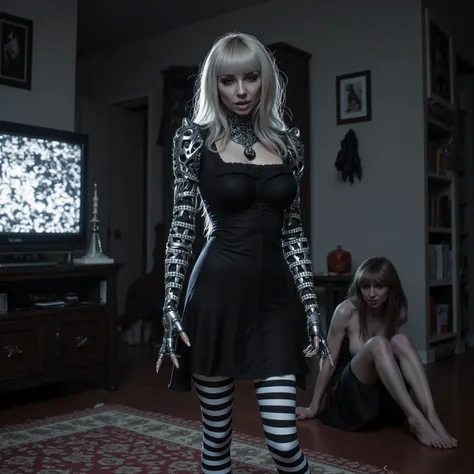 Annabelle evil android (cute, odd almost human appearance, lovely black dress, goth makeup, black and white striped arm sleeves and leggings), friendly slightly disturbing stance, there is a woman crumpled in the far corner almost out of sight, nice living...