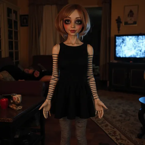 Annabelle evil android (cute, odd almost human appearance, lovely black dress, goth makeup, black and white striped arm sleeves and leggings), friendly slightly disturbing stance, there is a woman crumpled in the far corner almost out of sight, nice living...
