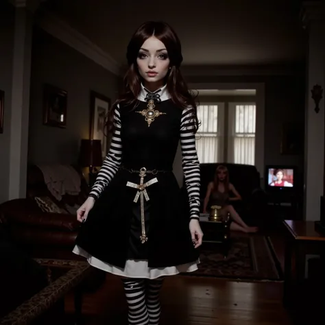 Annabelle evil android (cute, odd almost human appearance, lovely black dress, goth makeup, black and white striped arm sleeves and leggings), friendly slightly disturbing stance, there is a woman crumpled in the far corner almost out of sight, nice living...