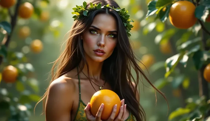 beautiful woman Eve, long flowing brunette hair, green eyes, five feet tall, adorn in tree leaves, r in a garden with fruit trees, she holds a golden fruit, warm tone, 32K UHD, hyperrealistic, cinematic scene, blockbuster dynamics