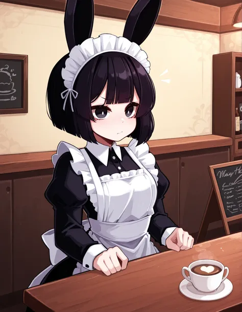 y4s1d1p,, solo, Maya Hell,black eyes,dark hair,bob cut,Maid Outfit、White Apron、White Headdress、 with rabbit ears、cafe,