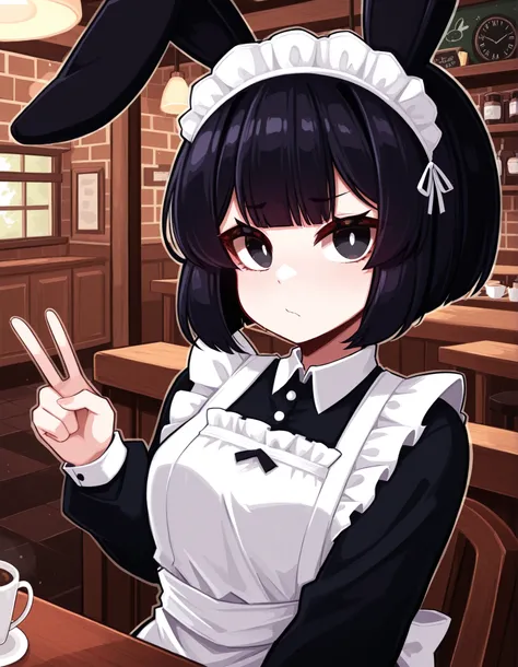 y4s1d1p,, solo, Maya Hell,black eyes,dark hair,bob cut,Maid Outfit、White Apron、White Headdress、 with rabbit ears、cafe,