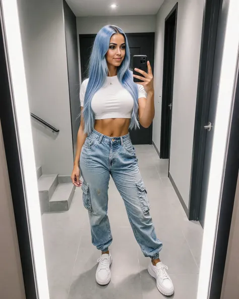 img_325.HEIC. A young woman, fair-skinned and likely of Latin American or Hispanic ethnicity, with elongated light brown eyes (emphasis: 1.5) and hyper-realistic light blue hair, long and smoky on the sides, creating a voluminous effect in the center. A bo...