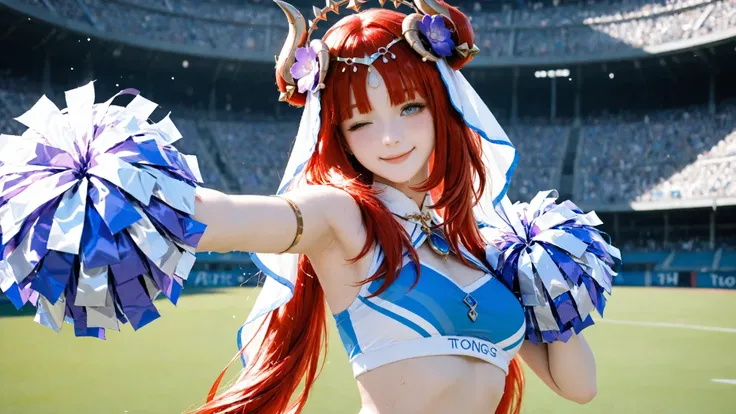 masterpiece、Top Quality、 4K、masterpiece、 Ultra High Definition 、Stadium、turf
Genshin_Nilou, 1girl, yong girl,with a young face,A perfect smile,One-eye wink,blush,embarrassing、Red hair、purple flower hair ornament,light blue cheerleader clothes、cheerleading、...