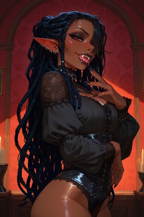 hires, 1girl, highly detailed, dramatic lighting, masterpiece, hires, ((dark skin)), brown skin, elf ears, gothic, goth, black hair , dreadlocks, dreads, hair over one eye, very long hair, red eyes, thick lips, big lips, (((lips))), half closed eyes, long ...