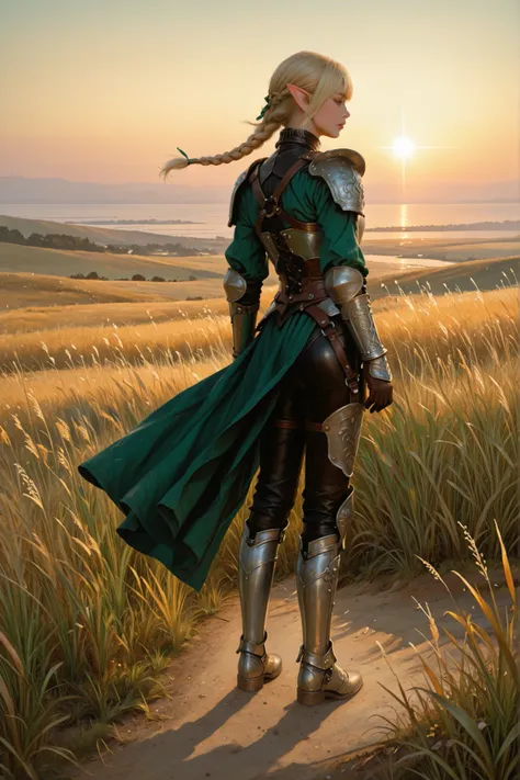 masterpiece, best quality, full body elf-human hybrid woman standing on a sunlit hilltop at dusk, cinematic composition, semi-realistic detailing, long pointed ears, sharp elven facial features, ethereal green glass-like eyes reflecting light, freckles aro...