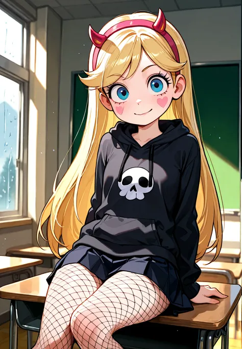 1girl, solo, Star Butterfly, star vs the forces of evil, black hoodie, short skirt, black fishnet pantyhose, goth makeup, moody, sitting on a desk, classroom, rainy day, sexy pose, alluring atmosphere, cinematic lighting and shadows, BREAK, masterpiece,top...