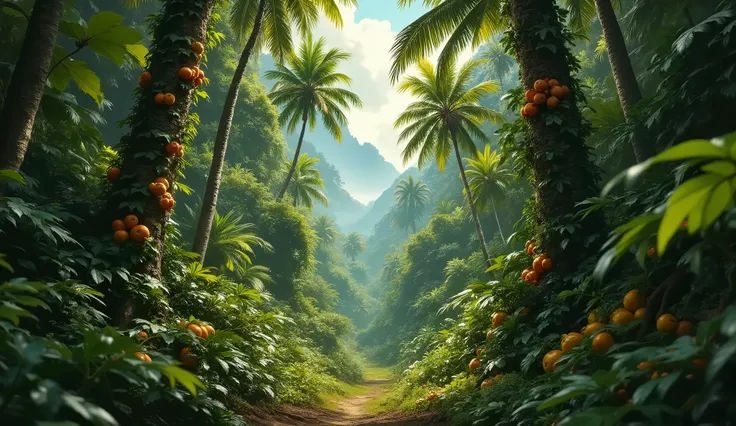 beautiful forest jungle with fruit trees, warm tone, 32K UHD, hyperrealistic, cinematic scene, blockbuster dynamics, Raw Image