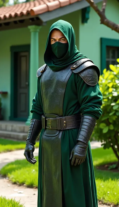 Leonardo DiCaprio as a stealthy green ninja warrior, upper body only, wearing dark green and black armored ninja suit with metallic textures, black mask covering only the lower face, intense eyes, standing in front of a green house with a tree, grass, and ...