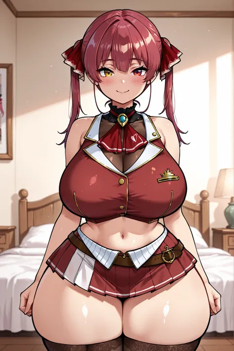 Houshou marine, huge huge breast,wide hips, bedroom, skirt, croptop,thick thighs,