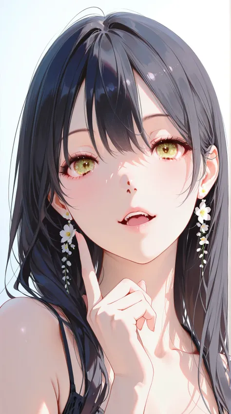  1 girl 、 black hair、long hair、I'm singing with my eyes closed、