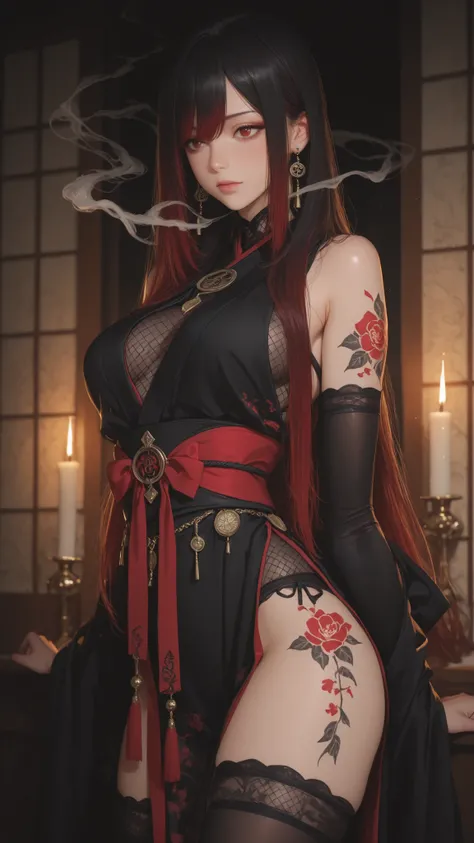 (masterpiece after sex, best quality, super detailed, high-resolution, Movie lights),  A dancing kunoichi, Wearing a black and crimson ninja uniform,  Combining traditional Japanese elegance with the power of a silent assassin.  Her movements are graceful,...