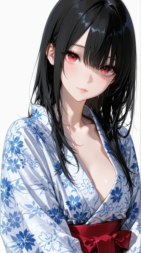  1 girl 、 hair is black、Up with long hair、The attire is a Japanese yukata、Japanese Kimono、Front view、staring at me