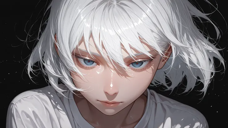 detailed eyes, detailed face, BREAK girl, plain clean black background, girl, white shirt, white hair, looking front, full head shot, SHARP_DETAIL, HDR, TEXTURES, DETAILED_TEXTURE, UNSHARP, CRISP_DETAIL, SHINY, DYNAMIC REFLECTIONS, SHINY SKIN