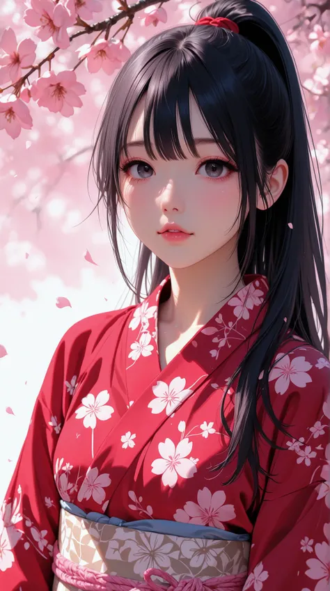  1 girl 、 hair is black、long hair and ponytail、Clothes are Japanese pink cherry blossom pattern yukata、Japanese red kimono、Front view、on the left, face、staring at me、 has black eyes