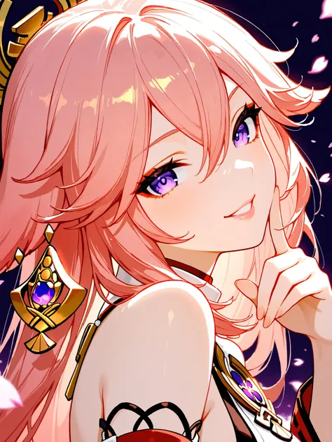 female,woman,yae miko\(genshin), detached sleeves, bare shoulders, pink hair, long hair, japanese clothes,(hair ornament:1.35),jewelry,purple eyes,earrings,cherry blossoms,long sleeves,thick lips,fair skin,glossy texture,pink lips,white collared shirt
BREA...