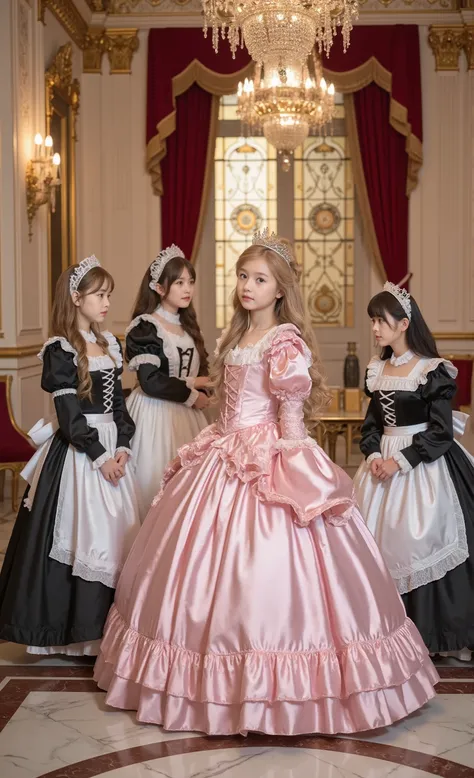 Realistic photo,The grand hall of the luxurious palace, Princess,((ten years old,little girl,short body height:1.4)),Gold Crown , elegant pink silk satin dress, lace and ruffles in sm's room, Aristocrat Standing, A graceful smile, long blond waves, blue e...