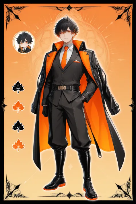 Image Color Orange、Character Setup Diagram、Character Design、Full Body、male、eye color orange、1人のmale性、high image quality、Highest Quality、