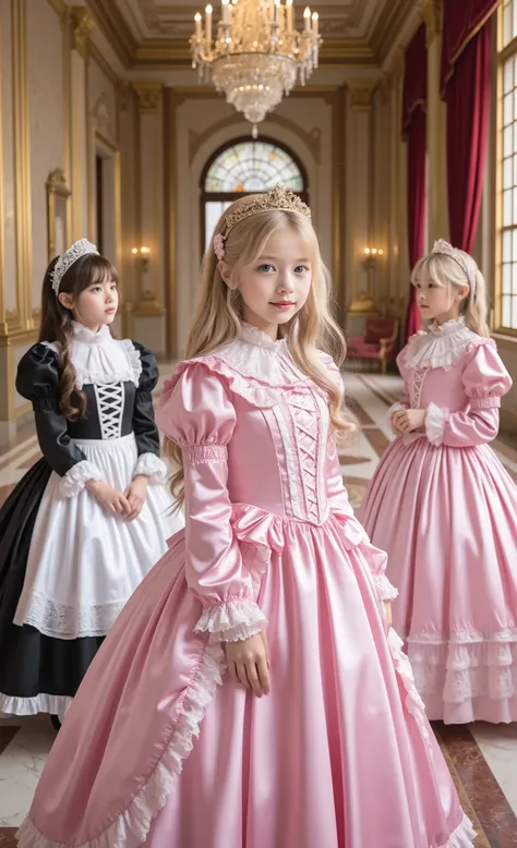 Realistic photo,The grand hall of the luxurious palace, Princess,((ten years old,little girl,short body height:1.5)),Gold Crown , elegant pink silk satin dress, lace and ruffles in sm's room, Aristocrat Standing, A graceful smile, long blond waves, blue e...