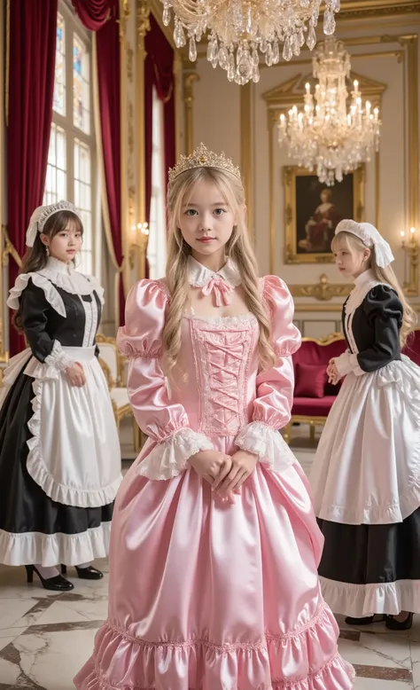 Realistic photo,The grand hall of the luxurious palace, Princess,((ten years old,little girl,short body height:1.5)),Gold Crown , elegant pink silk satin dress, lace and ruffles in sm's room, Aristocrat Standing, A graceful smile, long blond waves, blue e...