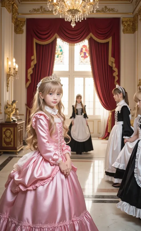 Realistic photo,The grand hall of the luxurious palace, Princess,((ten years old,little girl:1.5)),Gold Crown , elegant pink silk satin dress, lace and ruffles in sm's room, Aristocrat Standing, A graceful smile,((european girl, long blond waves, blue eye...