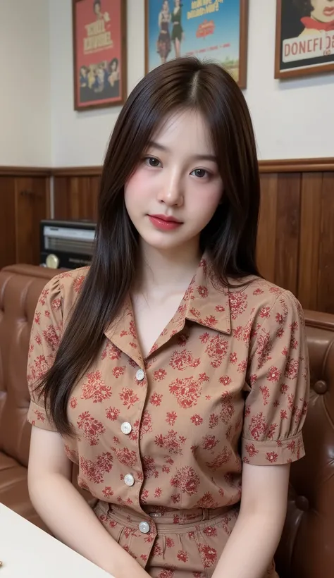 Realistic teen girl Beautiful face Long hair Big breasts Attractive shape looking at camera 8K high definition sharp focus Very high detail like real photo, natural light, smooth skin
Sit in a retro cafe decorated with brown leather sofas, an old radio and...