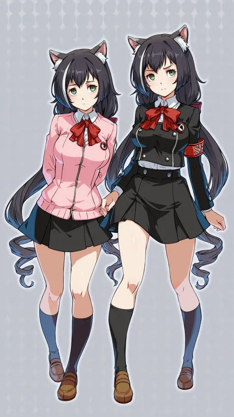 School background, source_anime, Princess Connect!, Karyl, lithe body, medium breasts, smling, green eyes, black hair, standing, Persona 3 female school uniform cosplay