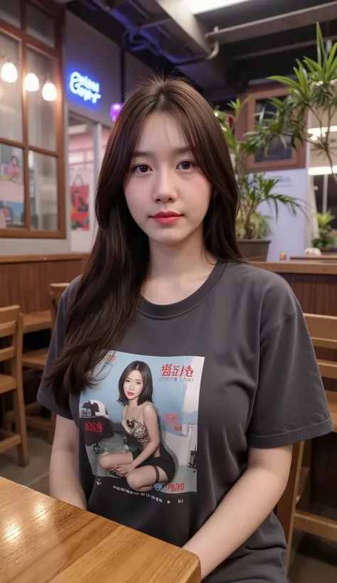 Realistic teen girl Beautiful face Long hair Big breasts Attractive shape looking at camera 8K high definition sharp focus Very high detail like real photo, natural light, smooth skin
Sit in a dark, street-style cafe in Siam, decorated with neon lights, gr...