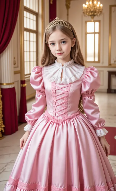 Realistic photo,The grand hall of the luxurious palace, Princess,((ten years old,little girl:1.5)),Gold Crown , elegant pink silk satin dress,detailed frilled yoke collar,lace and ruffles in sm's room, Aristocrat Standing, A graceful smile,((european girl,...