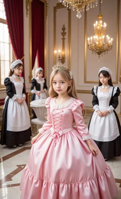 Realistic photo,The grand hall of the luxurious palace, Princess,((ten years old,little girl:1.5)),Gold Crown , elegant pink silk satin dress, lace and ruffles in sm's room, Aristocrat Standing, A graceful smile,((european girl, long blond waves, blue eye...