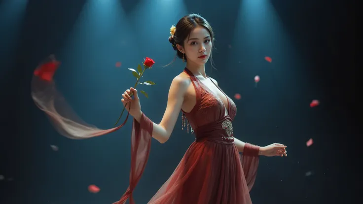(low angle view, full action, motion blur, very dark stage). (in the foreground, medium shot, photorealistic, dancing with (a close-up:1.5 1rose in her mouth)), a young cold large-breast:1.1 eastern 1woman in a very sexy deep-v 酒红吊带裙, upskirt, slim body, s...