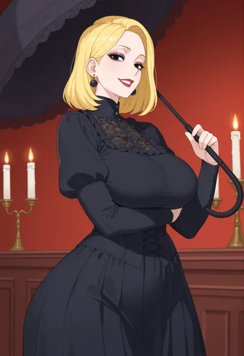 Beth Smith, mature woman, blonde hair, solo, medium hair, medium saggy breasts, huge hips. earrings. red lips, black eyes | A gothic girl, villainous edge, transformed into a 'Villainous Nanny.' sharp cheekbones, and intense, piercing eyes accentuated by h...