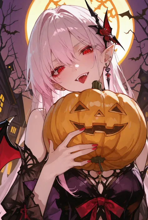 girl, Vampire, halloween, хэллоуинский костюм Vampireа, одежда Vampireа, клыки Vampireа, holds a pink Halloween pumpkin, against yellow lighting.

