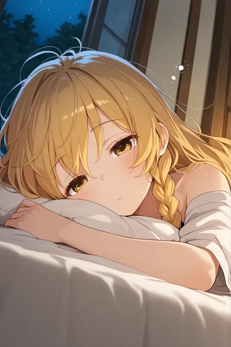 (Quality, 4k, A High Resolution, Masterpiece), Marisa Kirisame, blonde hair, long hair, side braid, golden eyes, sleepy, night, baggy eyes 
