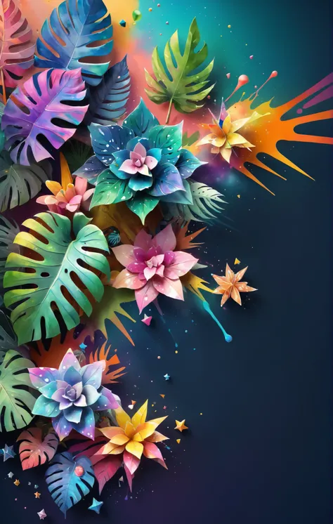 3d isometric, blender render, soft colorful-hued colors,  YJ, flower, rainbow-hued nebulae made of watercolor splashes, monstera leaves, geometric stars, colorful triangles of paint splashes, paint swirls, paint drips, paint splashes Two tone lighting, abs...